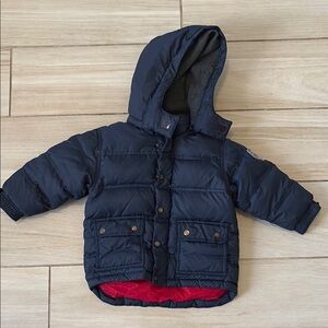 Navy Blue Puffer Jacket with Red Lining